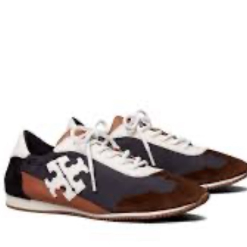 Tory Burch Destiny Trainer Nylon Leather Brown Black & White Sneaker, New - Picture 3 of 5